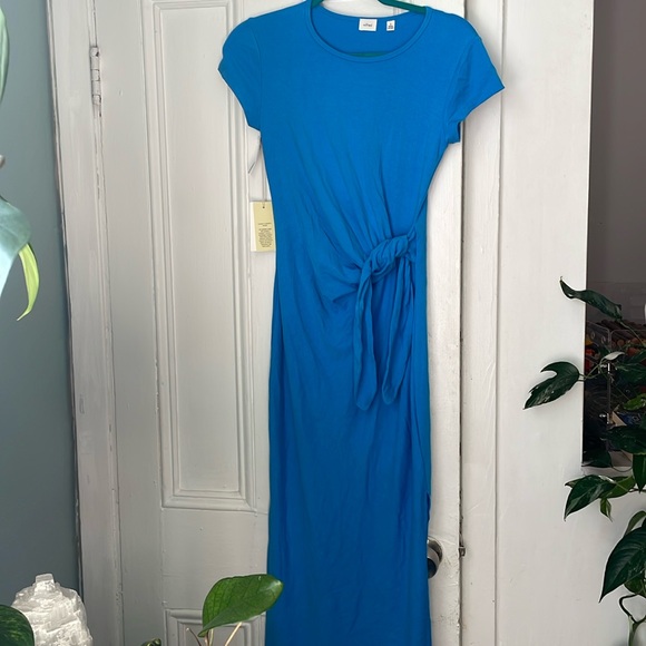 Aritzia Wilfred brand blue dress size small midi length with slit and tie - Picture 1 of 3